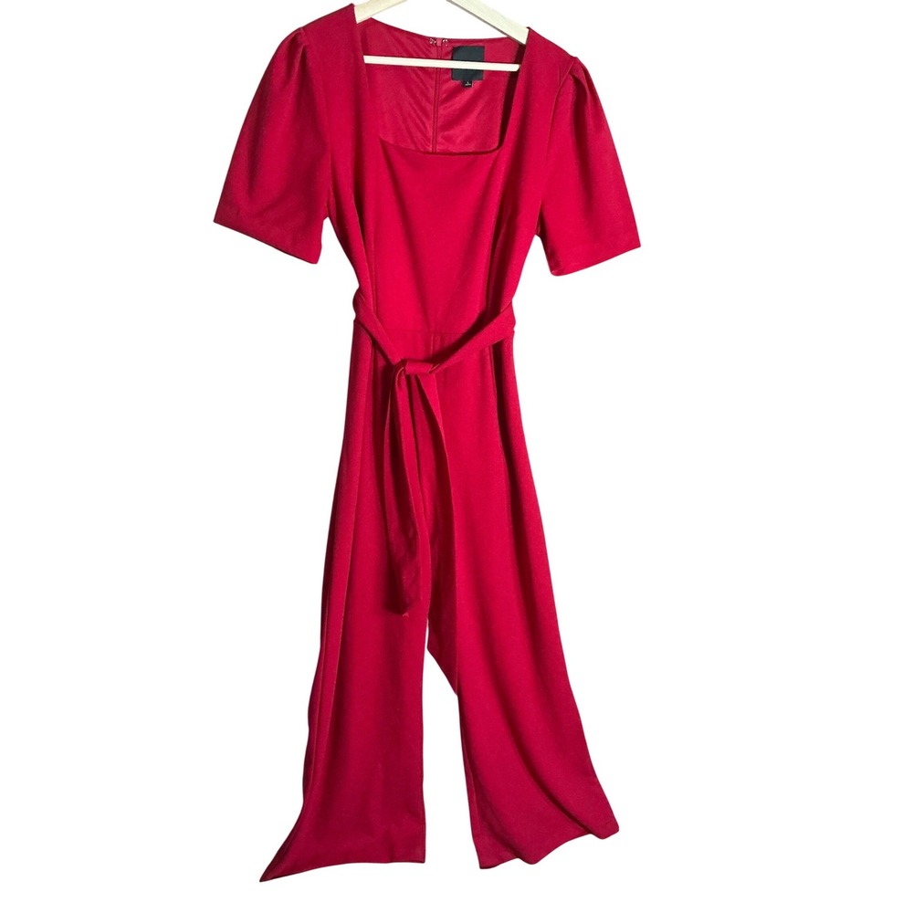 Alex Marie Red Square Neck Puff Sleeve Wide Leg Jumpsuit Belted Size L